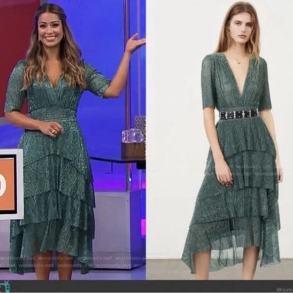 Maje Green Stretch Lurex Ruffled Midi Dress - Picture 8 of 8